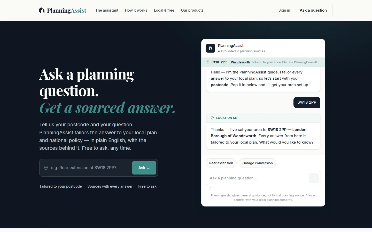 Planning Assist home page: the headline “Ask a planning question.” beside a sample conversation panel