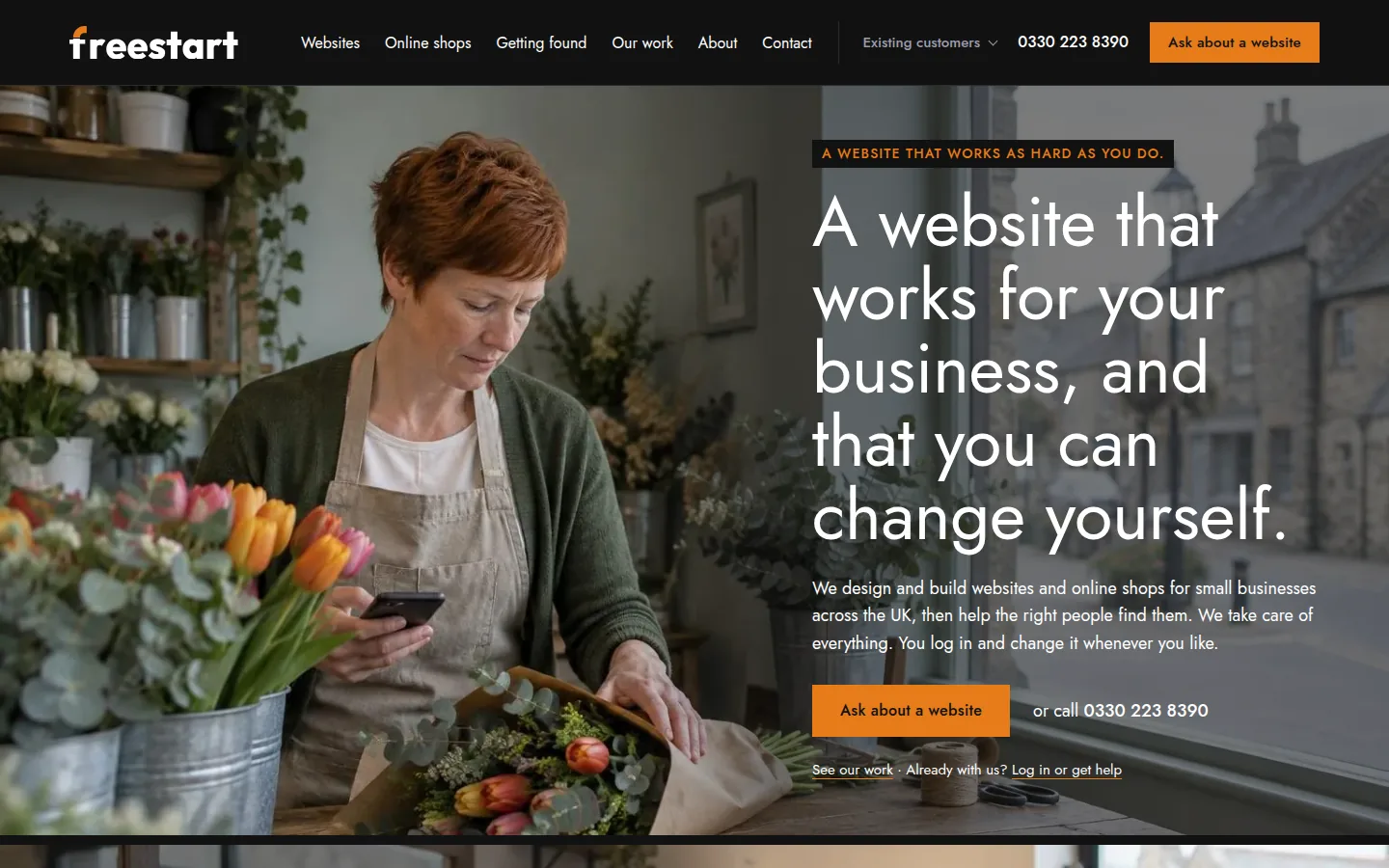 freestart.com home page: a florist at work beside the headline about a website that works for the business, with an orange button