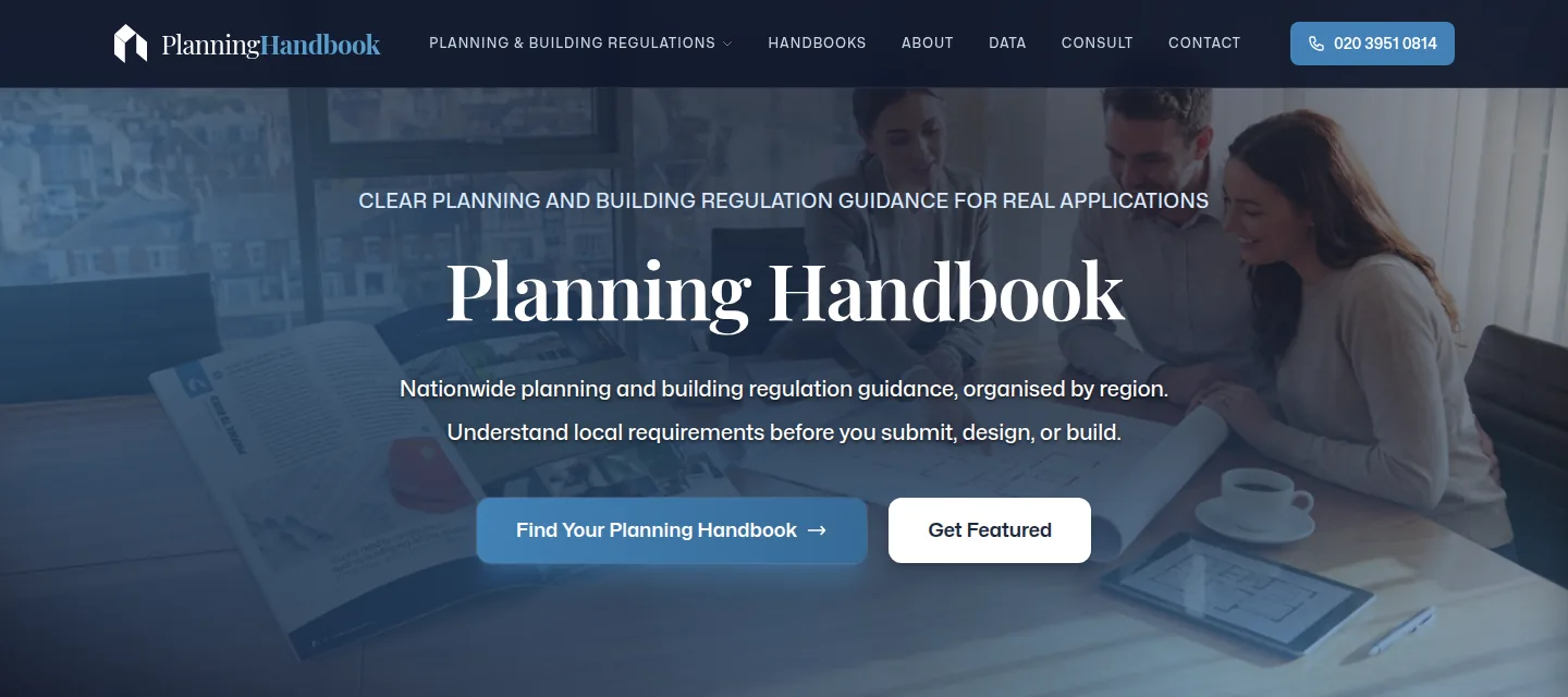 planninghandbook.com home page: a navy header with the Planning Handbook name and two buttons into the guidance
