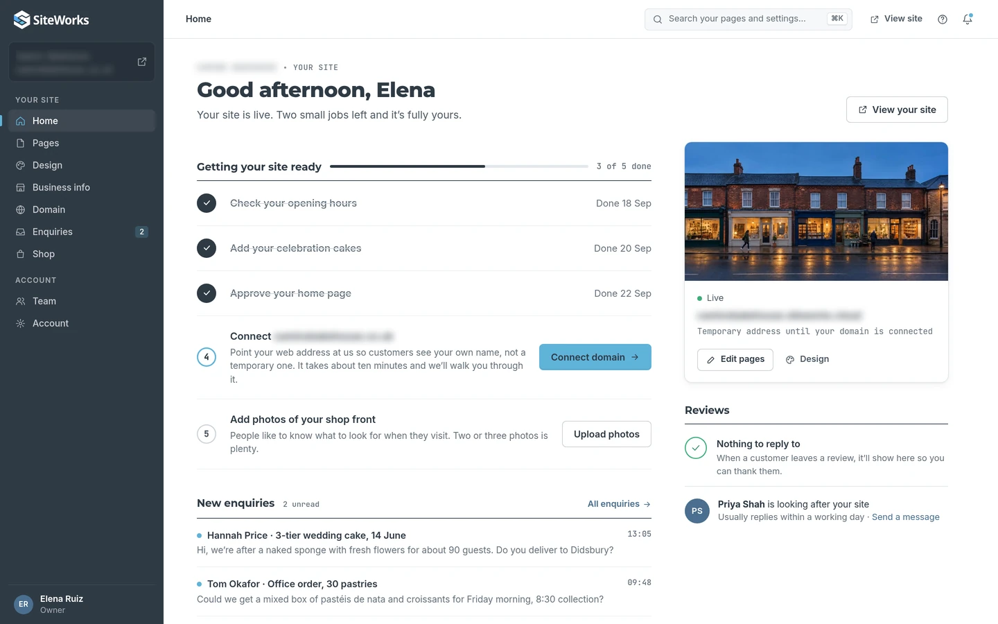 A bakery owner’s SiteWorks home screen: a getting-your-site-ready checklist, new customer enquiries and a card showing their live website.