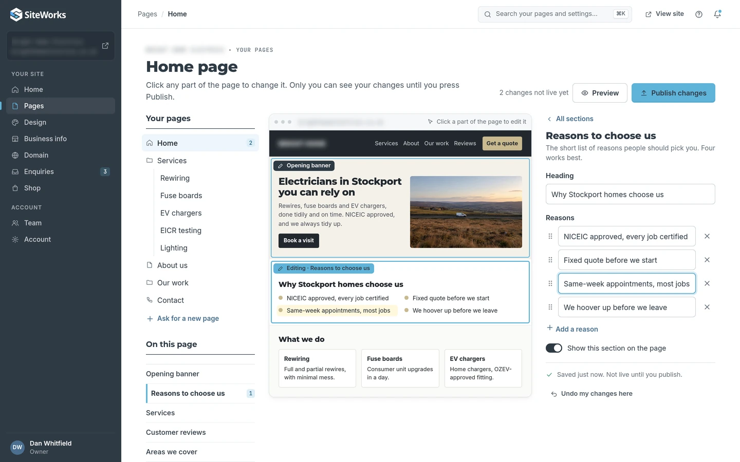 A business owner editing their home page in SiteWorks: the live page with the selected section highlighted and its text fields open alongside.